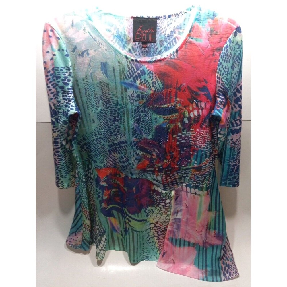 French Blue Blouse Small Colorful Boho Metallic Sheer 3/4 Sleeve Asymmetrical